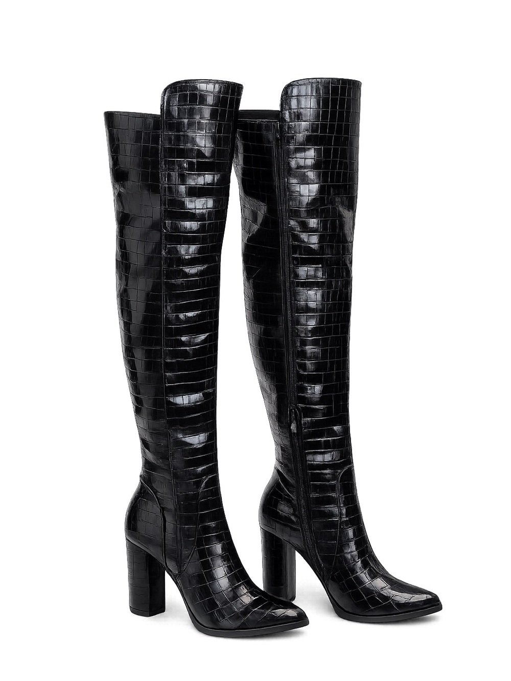 Black Croc Embossed Over the Knee Block Heel Boots Women’s Size 8.5